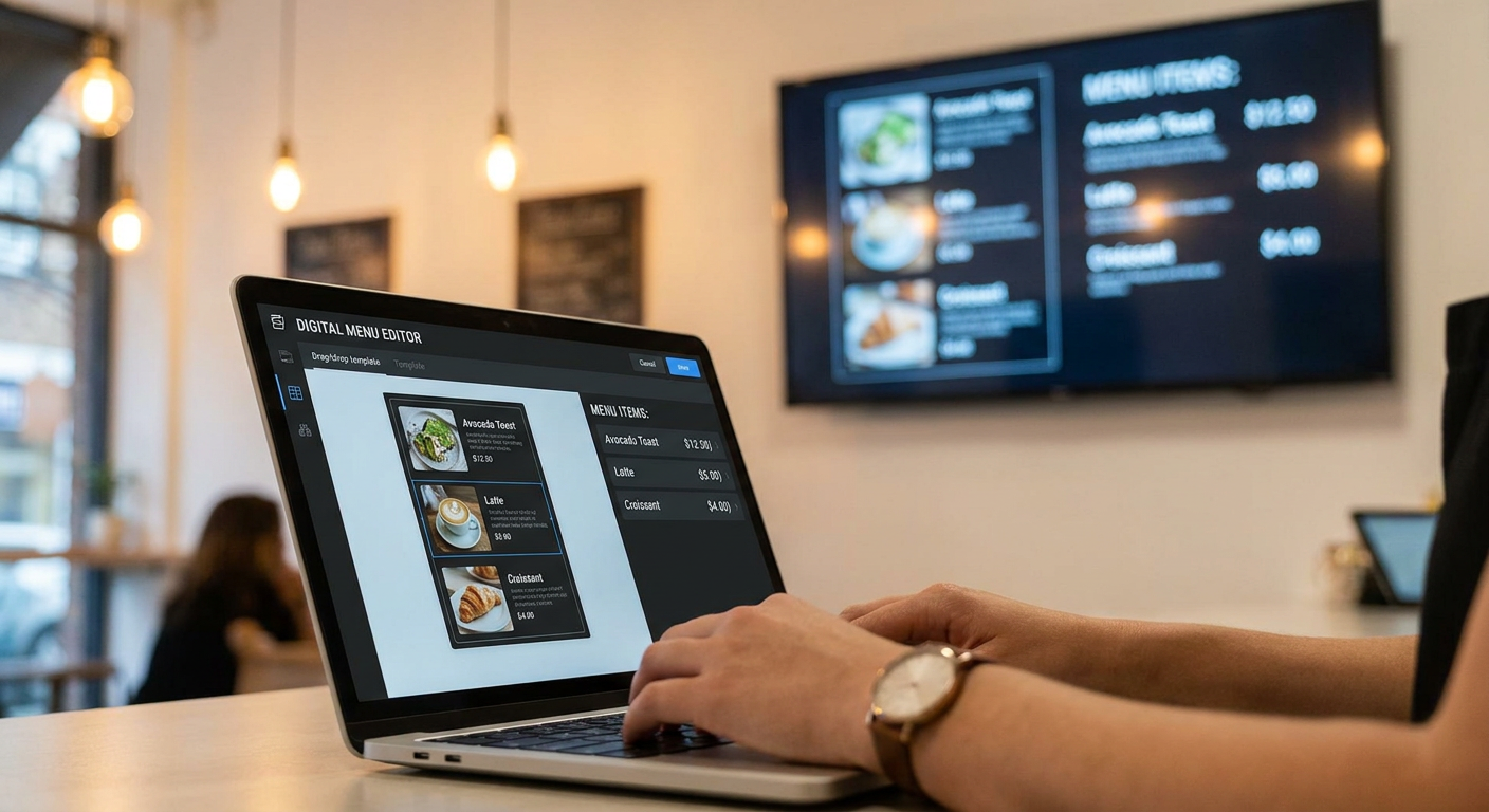 Restaurant manager editing a menu in digital menu board software on a laptop