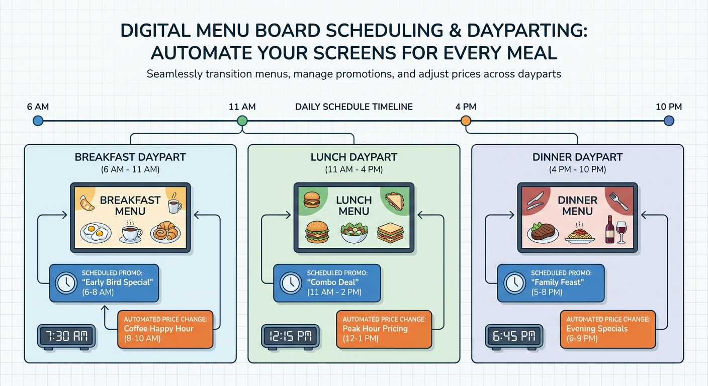 Digital menu board scheduling timeline for breakfast lunch and dinner dayparts