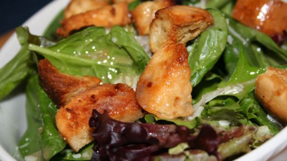 Caesar Salad With Onion Bagel Croutons recipe