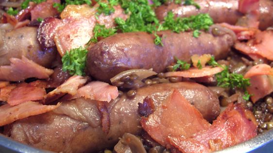 A Grape Picker's Lunch Sausages And Lentils With Thyme And Wine recipe
